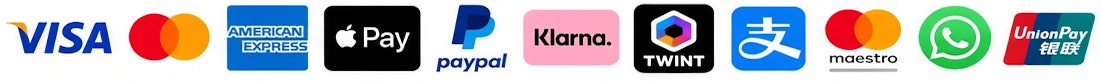 Akzeptierte Zahlungsmethoden: Visa, Mastercard, American Express, Apple Pay, PayPal, Klarna, TWINT, Alipay, Maestro, WhatsApp, UnionPay